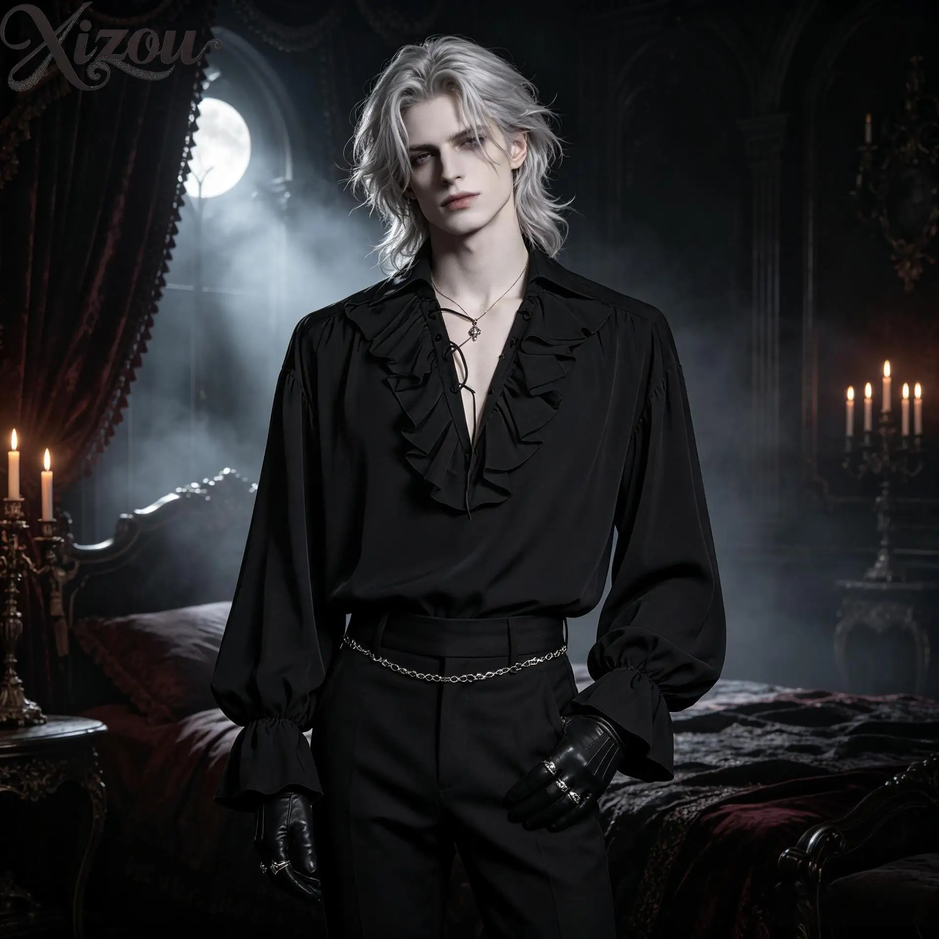 Halloween Gothic Vampire Cosplay Ruffle V Neck Lantern Long Sleeve Blouse Slim Fit Trousers Victorian Palace Men Women Costume