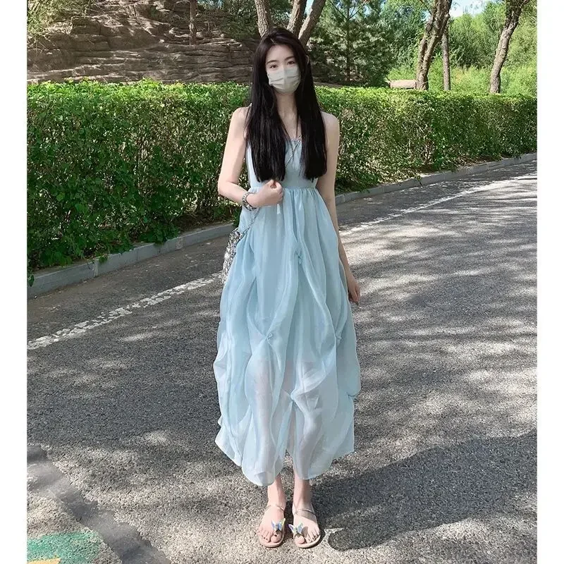 Robes d'été pour femmes, nouveau et Long, Style à bretelles, pause thé, maille française, adaptées aux vacances, mode, robe trapèze, 2023
