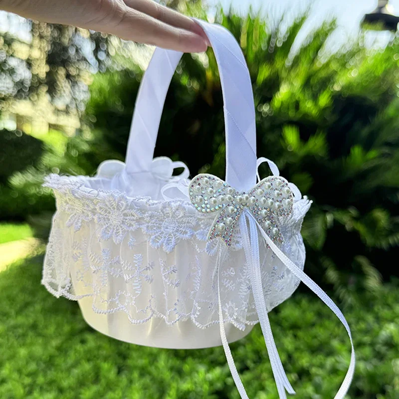 1PC Wedding Flower Basket Wedding Party Bride Satin Fabric Diamond Bow Hand-held Basket Flower Girl Scattering Flower Basket