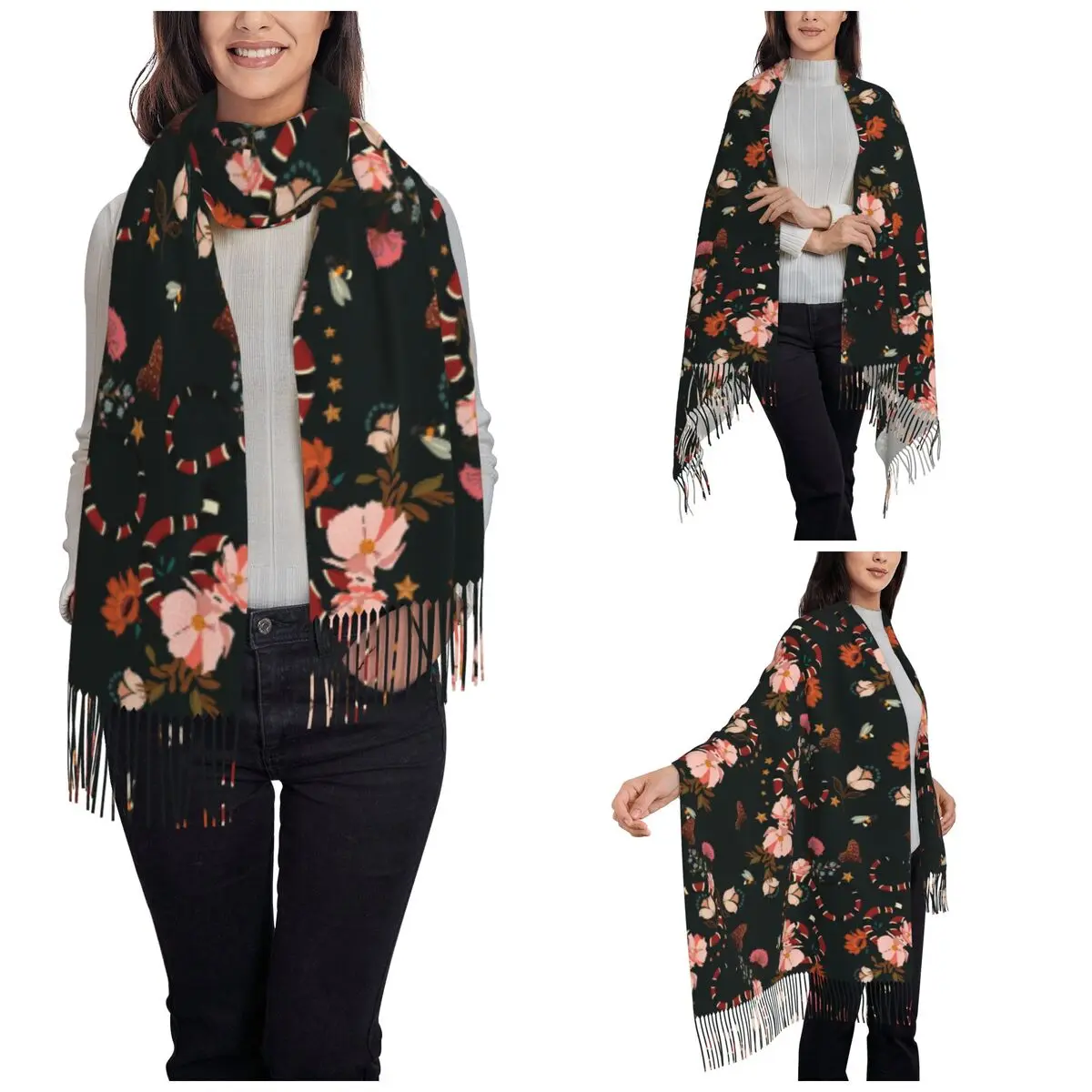 Beautiful Milk Snake With Flowers Shawl Wraps for Women Winter Warm Long Soft Scarf Milksnake Lover Pashminas Shawl Scarves