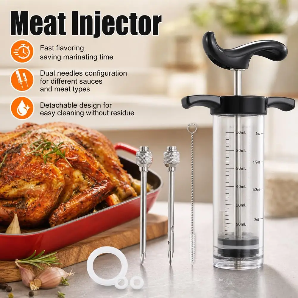 30ml Stainless Steel Flavor Injector 2 Needle Set for Turkey BBQ Meat Seasoning Tool