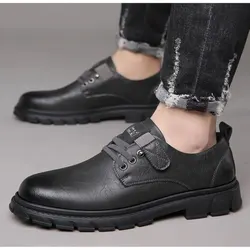 Men’s Leather Lace Up Shoes Platform Oxford Shoes  Outdoor Non-Slip Soft-Sole Walking Shoes