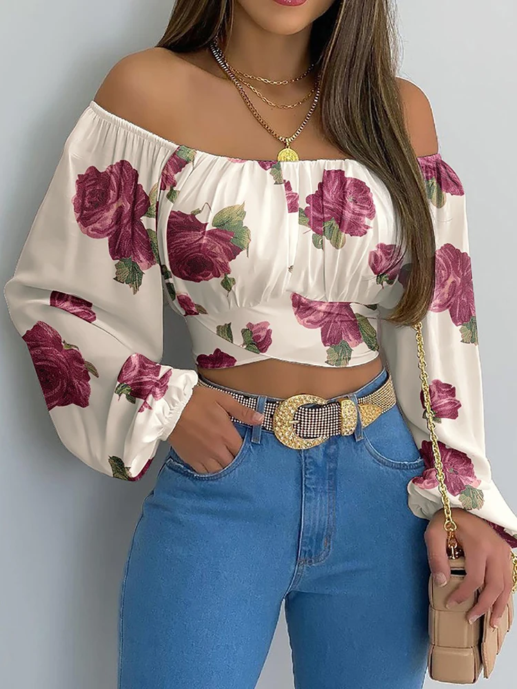 Women Sexy Off Shoulder Blouse Chic and Elegant Printing Lantern Long Sleeve Lace Up Bow Cropped Tops Casual Slim Shirts 2024