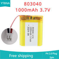 803040 3.7V 1000mAh Lithium Polymer Battery for MP3/4/5 DVD GPS VR DVR Player Navigator Speaker Electric Li-ion Tool+ph2.0 2pin