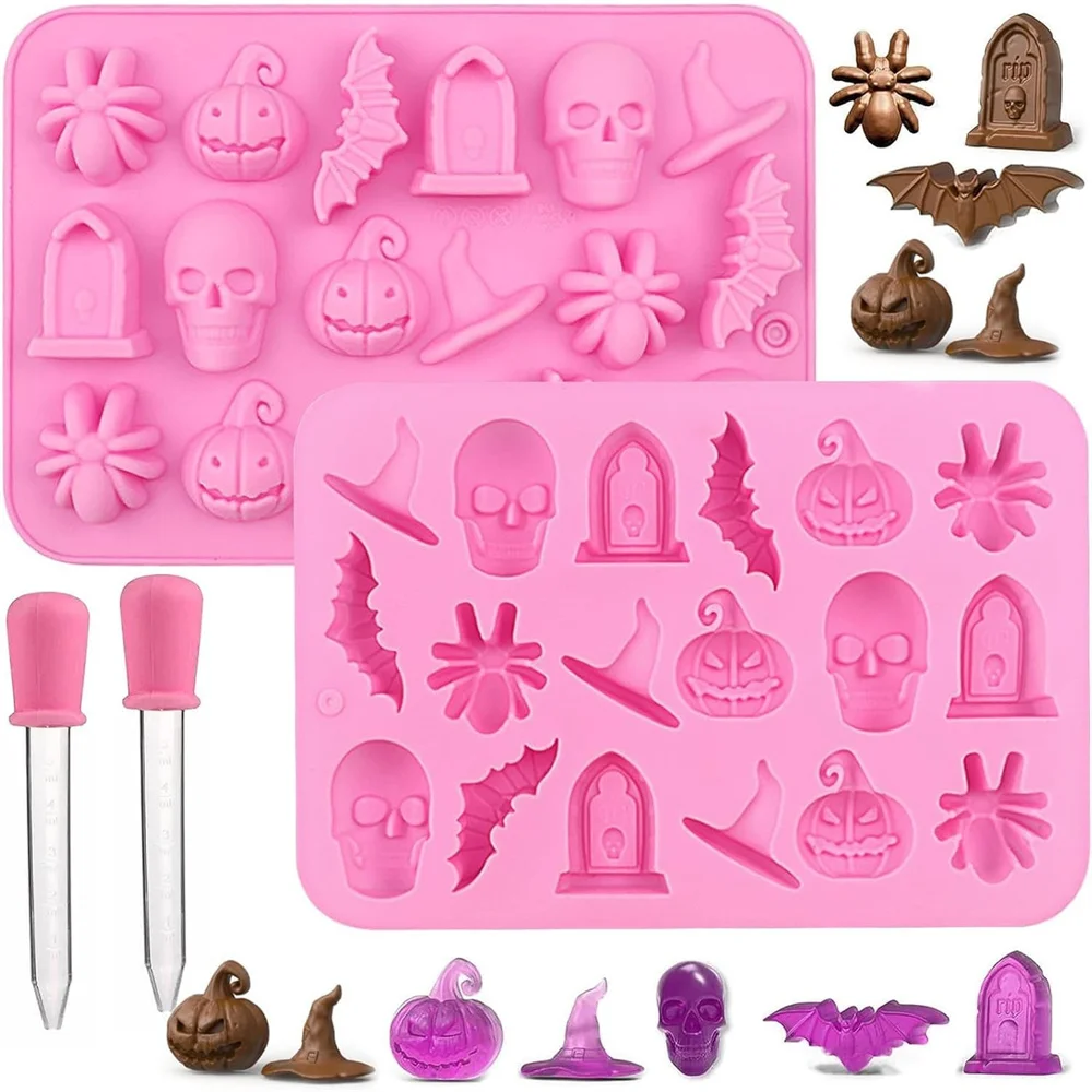 

Halloween Silicone Molds Pumpkin, Bat, Spider & Tombstone Chocolate Candy Mold for Gummy, Ice Cube, Cake Decorating Baking Kits