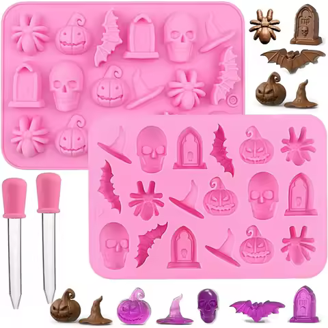 Halloween Silicone Molds Pumpkin, Bat, Spider &amp; Tombstone Chocolate Candy Mold for Gummy, Ice Cube, Cake Decorating Baking Kits