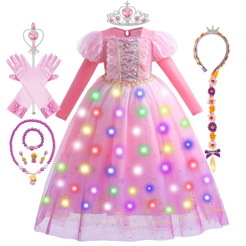 Princess Cosplay Rapunzel Girl Dress Kid Tangled Halloween Vestido Kids  Birthday LED Flashing Christmas Costume - AliExpress 1501