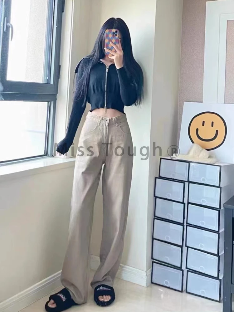 Korean Vintage Harajuku Straight Jeans Women Aesthetic High Waist Loose Denim Trousers Female Solid Elegant Slim Wide Leg Pants