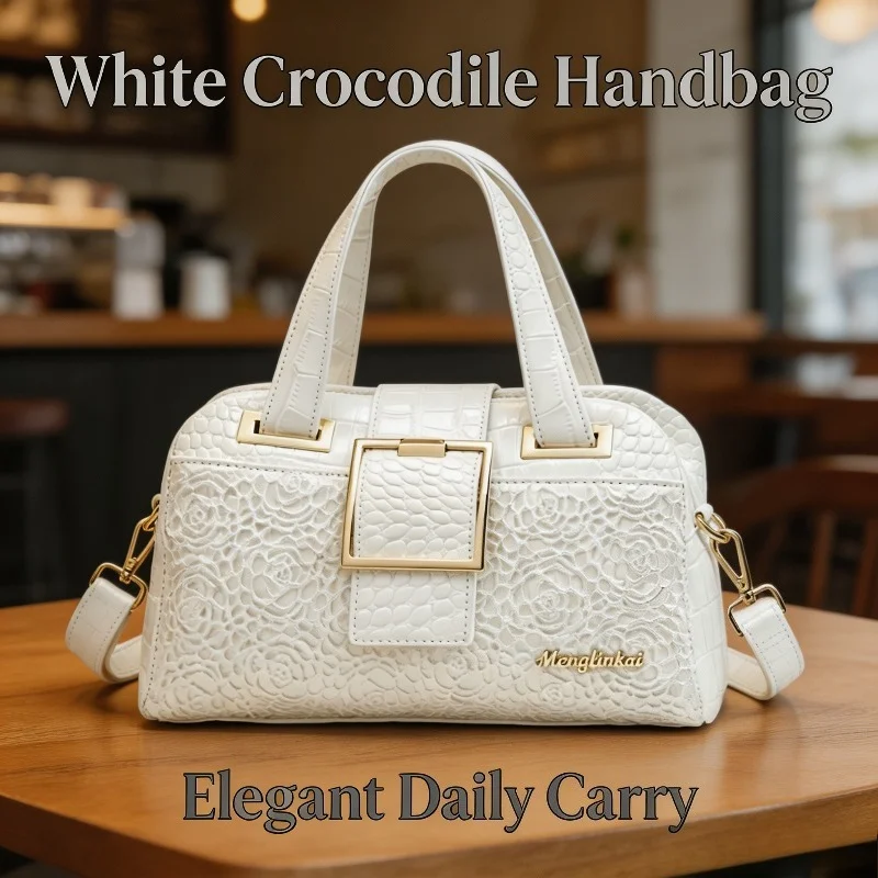 Women Lace Crocodile Pattern Handbag Faux Leather Metal Square Buckle Decor Detachable Shoulder Strap Boston Purse