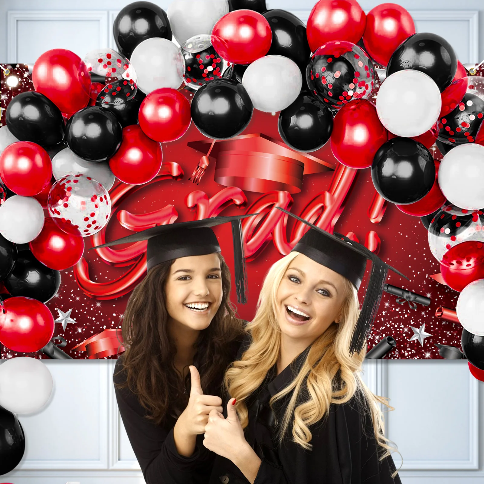 64 Pcs Graduation Party Decorations 2024, Congrats Grad Banner Backdrop with 60 Pcs Balloons Graduation Party Decorations Set fo