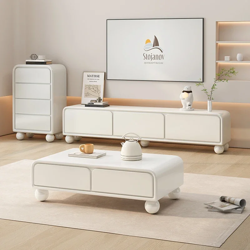 

Vanilla Cream TV Media Console with Coffee Table Rounded Corners Modern Compact Living Room Storage Shelf for Small Space
