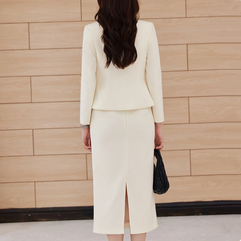 بدلة نسائية مزدوجة الصدر من NAVIU مكونة من قطعتين سترة أنيقة بأكمام طويلة وتنورة بطول ملابس عمل احترافية باللون البيج #3