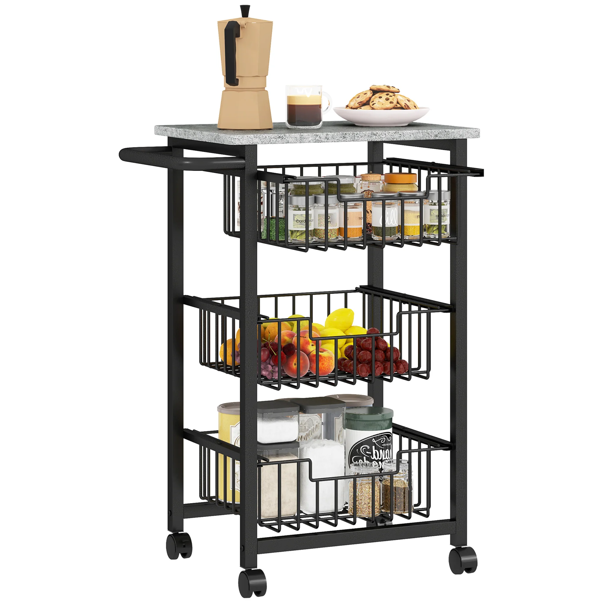 Carrito de almacenamiento HOMCOM de 4 niveles, 3 cestas extraíbles, carrito con ruedas, bandeja y asa, carrito de servicio para cocina multiusos