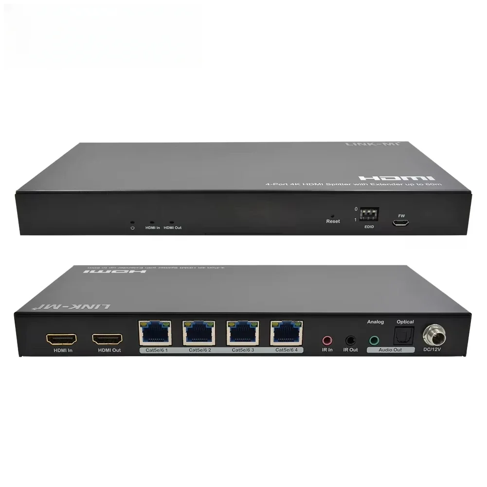 LINK-MI Extender splitter HDMI 2.0 a 4 porte su RJ45 Supporto 60M con audio analogico e digitale, 4K a 60 Hz, splitter AV POC 1X4