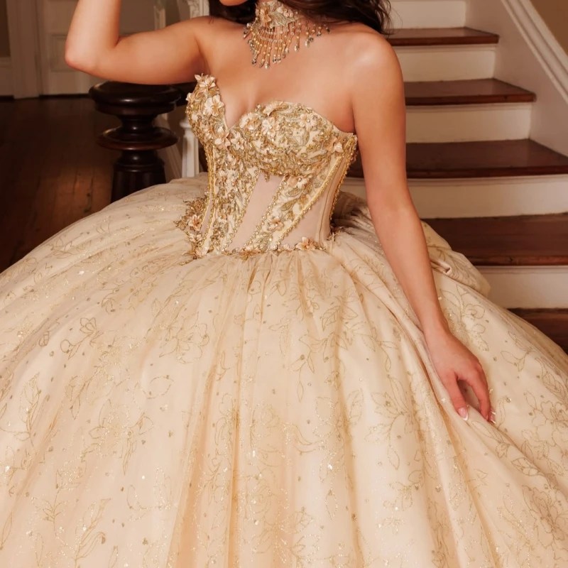 Champagne Glitter Ball Gown Quinceanera Dresses Applique Lace Beading Crystal Bow Tiered Tull Corset Off The Shoulder Sweet 16