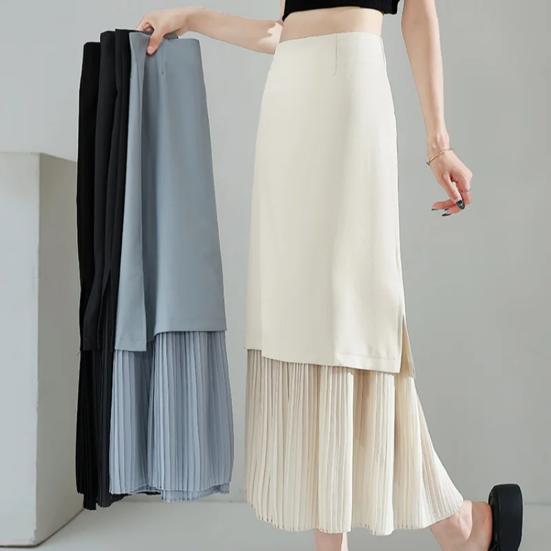 

High Waist Pleated Women's A-line Skirts 2025 New Side Split Chiffon Patchwork Casual Loose Office Umbrella Wrap Skirts Female