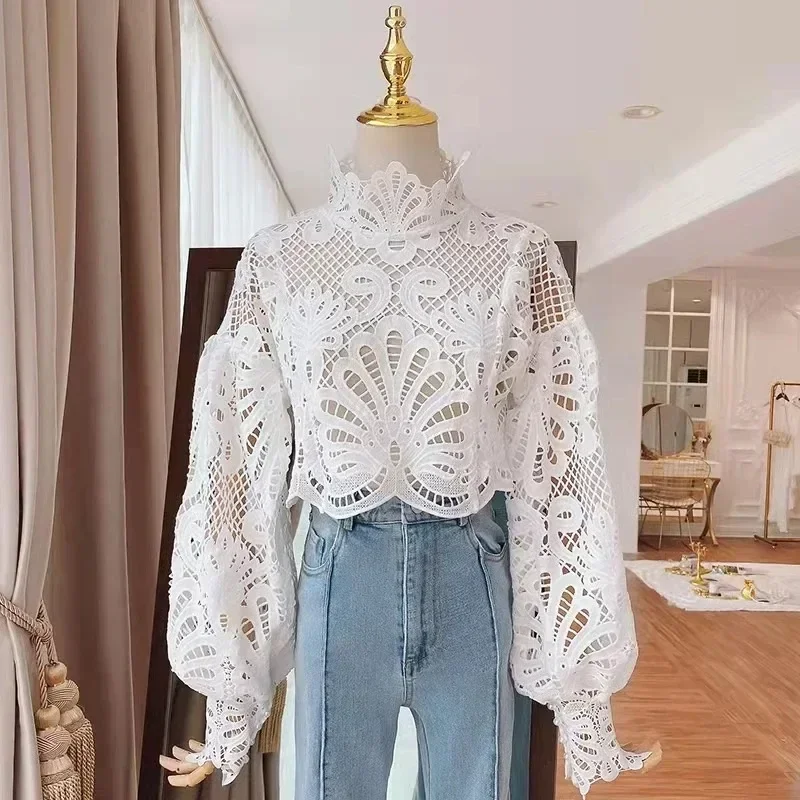 Elegant Hollow Out Long Sleeve Lace Blouse for Women, Stylish Stand Crochet, Cotton White Shirts, Sexy Crop Tops, 16296, New