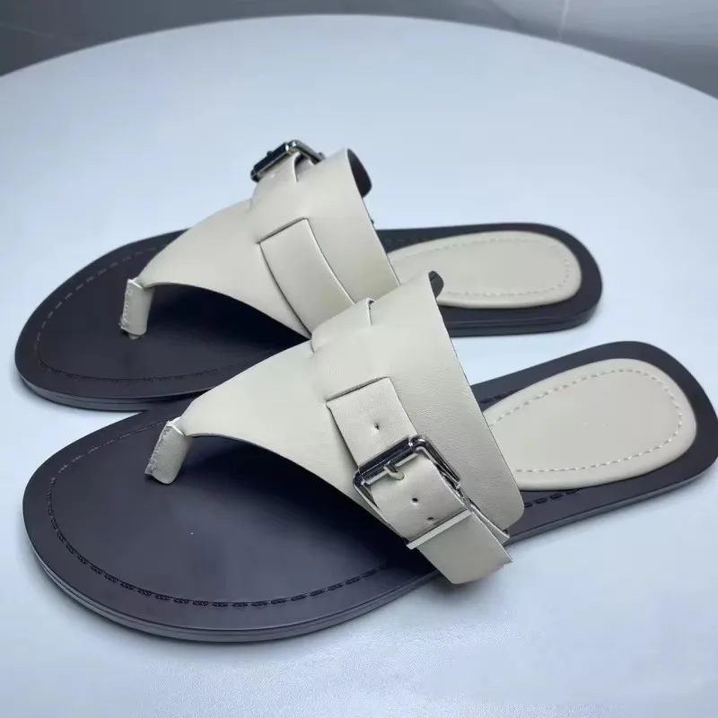 

2024 TRAF Faux Leather Flip Flop For Women Roma Leisure Breathable Gladiator Sandals Woman Metal Buckle Flat Beach Shoes