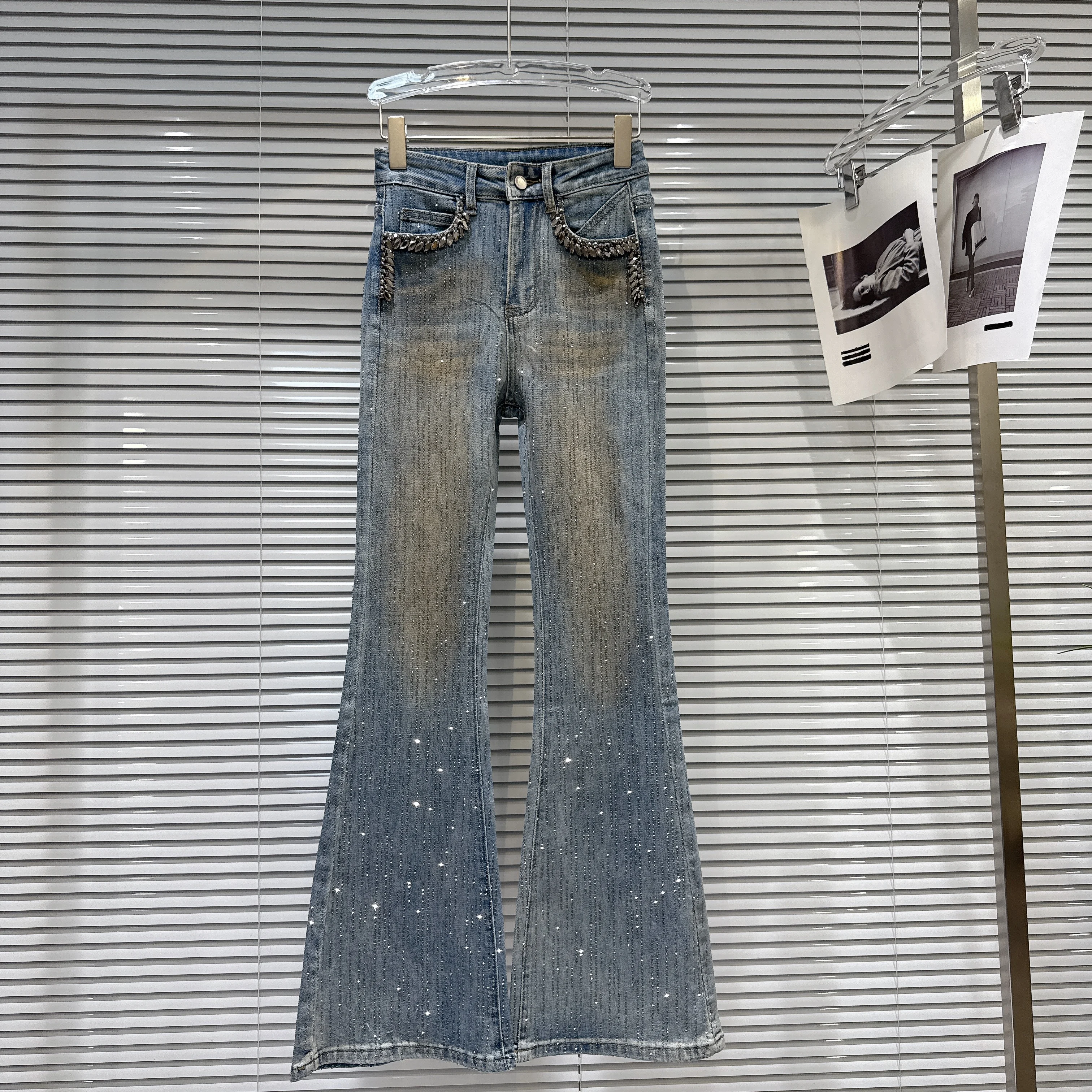 

2026 Spring New Trendy Hot Girl Rhinestone Edge Meteor Hot Rhinestone Heavy Craft Flared Long Jeans for Women, Skiny Jeans Pants