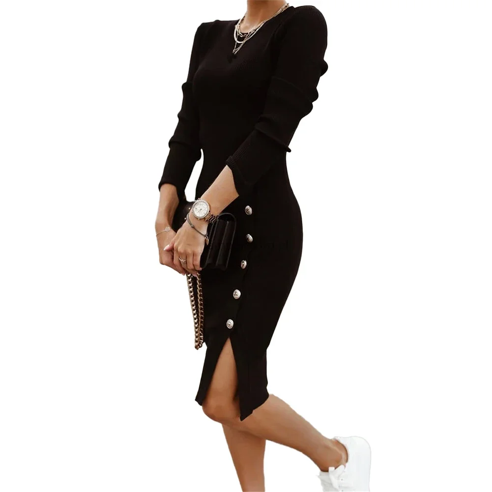 

Brand New Dress Knitted Dress Knee Length Long Sleeve OL Spring Stylish Women Autumn Autumn Bodycon.Slit Button