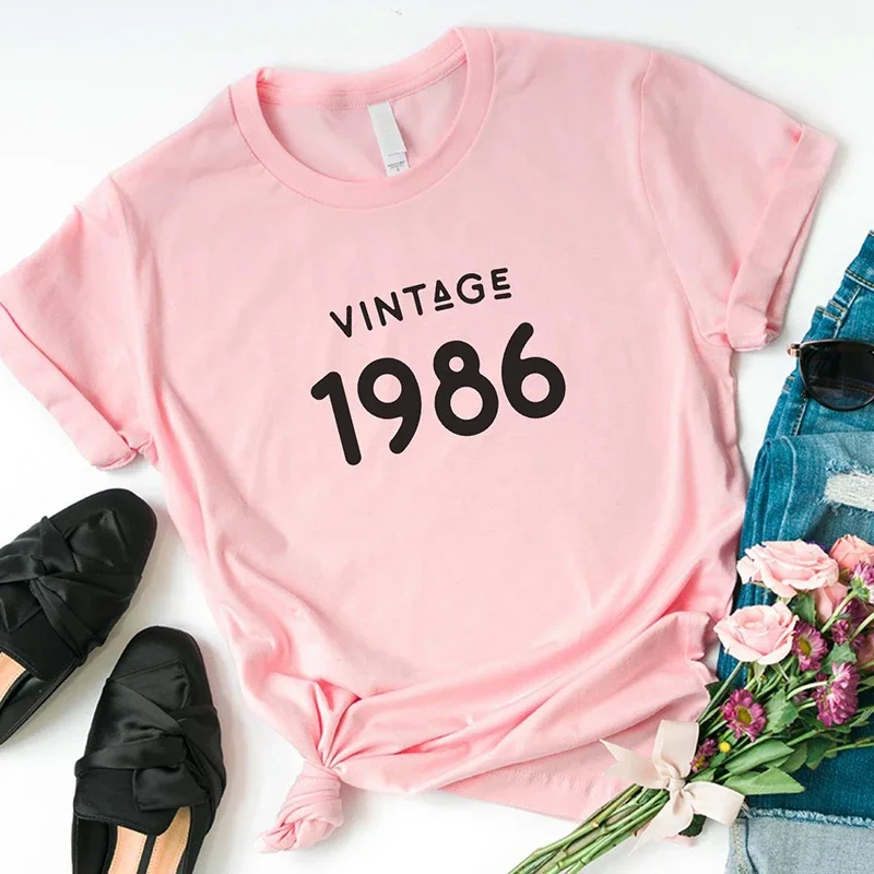 

Vintage 1986 Print Women T Shirt Brand 38th Birthday Graphic Tee Shirt Woman Causal Girl Power Top Pink Shirts Harajuku Tee