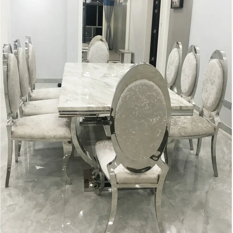 

Royal Nordic Light Luxury Style Dining Table 4 6 8 Seats Marble Top Latest Silver Stainless Steel Household Dining Table Set