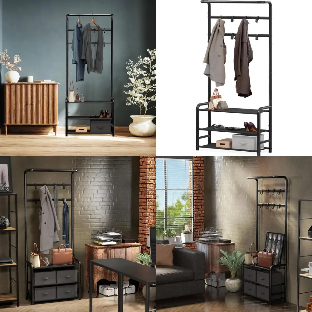

Черная металлическая вешалка для прихожей с полками для хранения и крючками для головных уборов, сумок и одежды