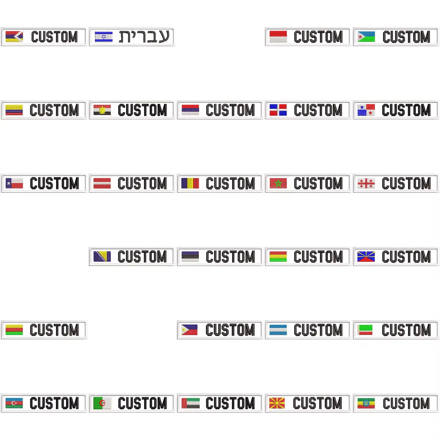 White Custom Name Patch Tape, Flag Embroidery, Hook and Loop, Spain, Israel, France, South Korea, America, Brazil