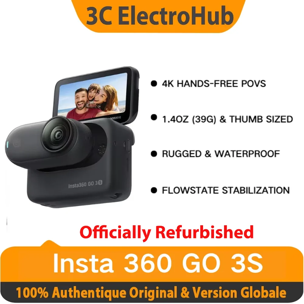 Insta360 GO 3S 128GB(Officiellement remis à neuf) – Caméra Vlog Mini 4K, POV mains libres, Fixation Universelle, Stabilisation
