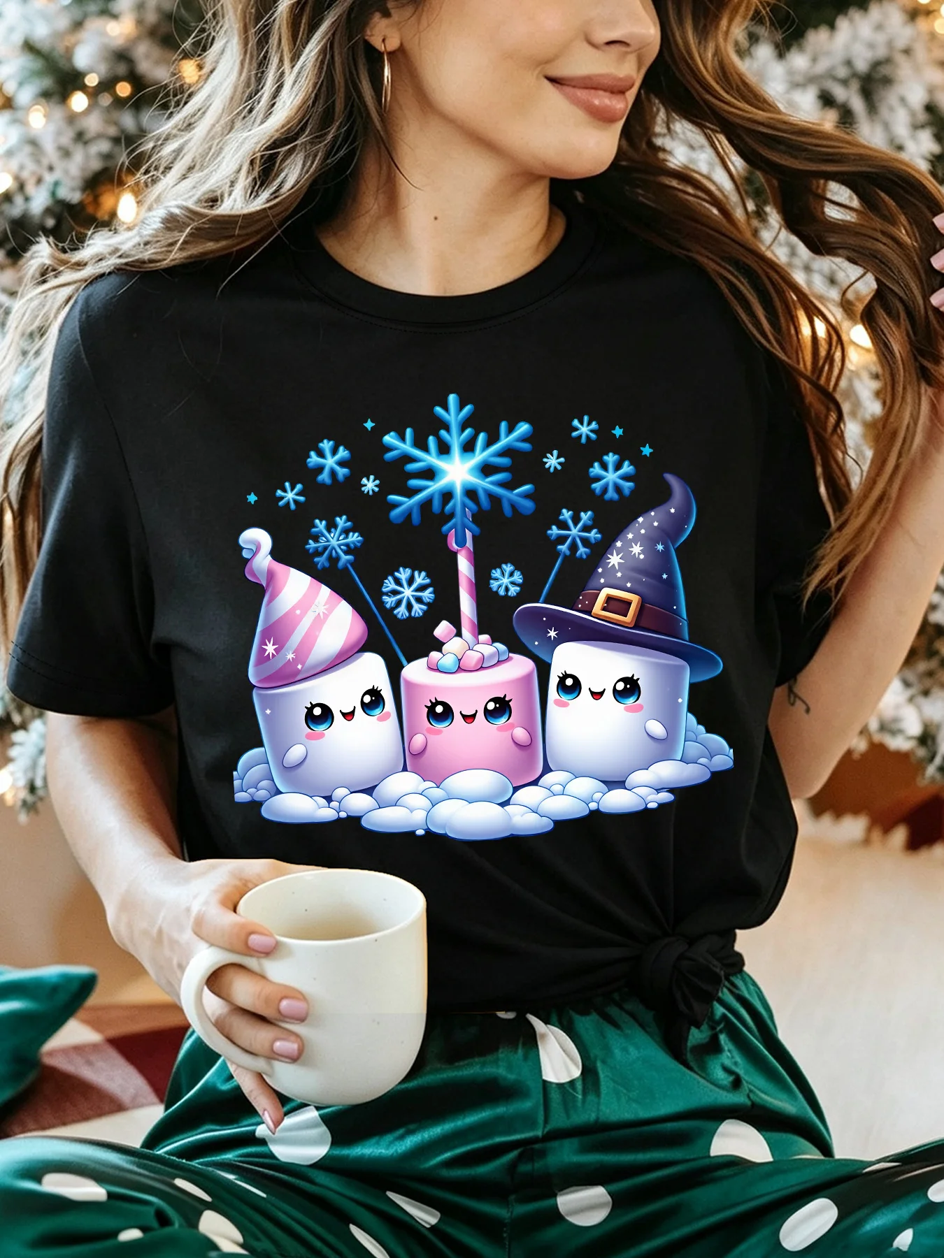Festive Winter Marshmallow Character Womens T Shirt Christmas Snowflake Graphic Tee Short Sleeve Casual Party Street Ladies Tops