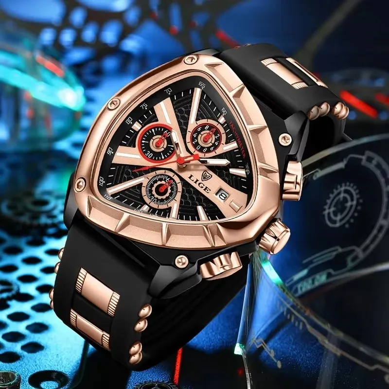 LIGE, nuevos relojes para hombre, reloj de pulsera de cuarzo triangular creativo, punteros luminosos, reloj militar con correa de goma, reloj resistente al agua para hombre