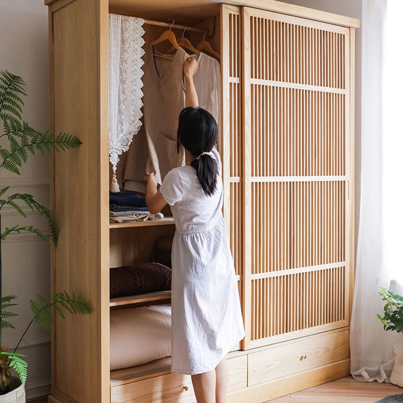 

Solid wood wardrobe ash wood Japanese simple bedroom clothes storage cabinet removable sliding door wardrobe Nordic furniture