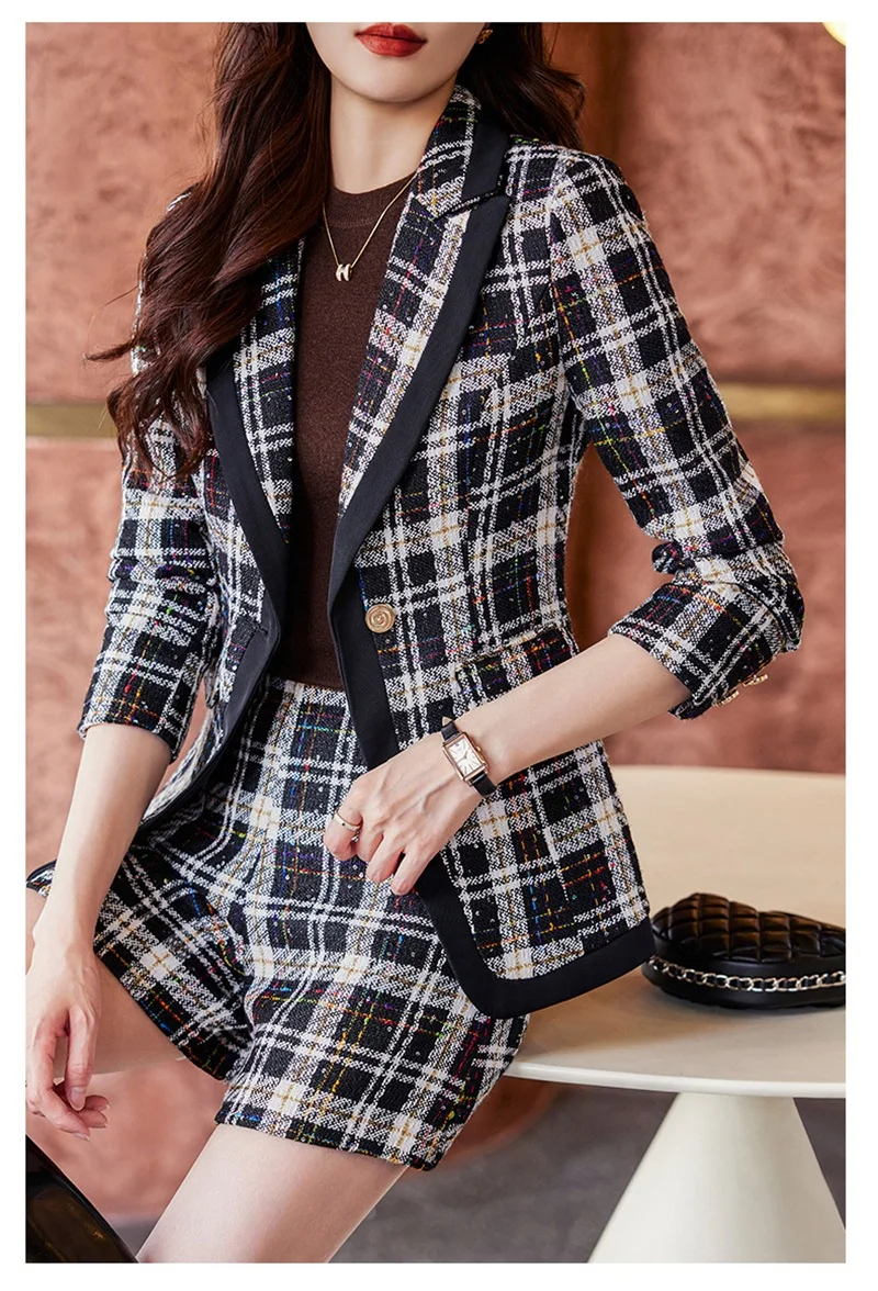 Plaid Women Suits 2 Piece Blazer+Short Pants Female Formal Office Lady Business Work Wear Fashion Girl Coat Trousers Prom Dress