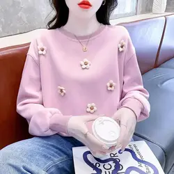 Women's Clothing Spring Autumn Solid Color Pullover Crochet Tie Flowers Lantern Long Sleeve Round Neck Casual Fashion Tops