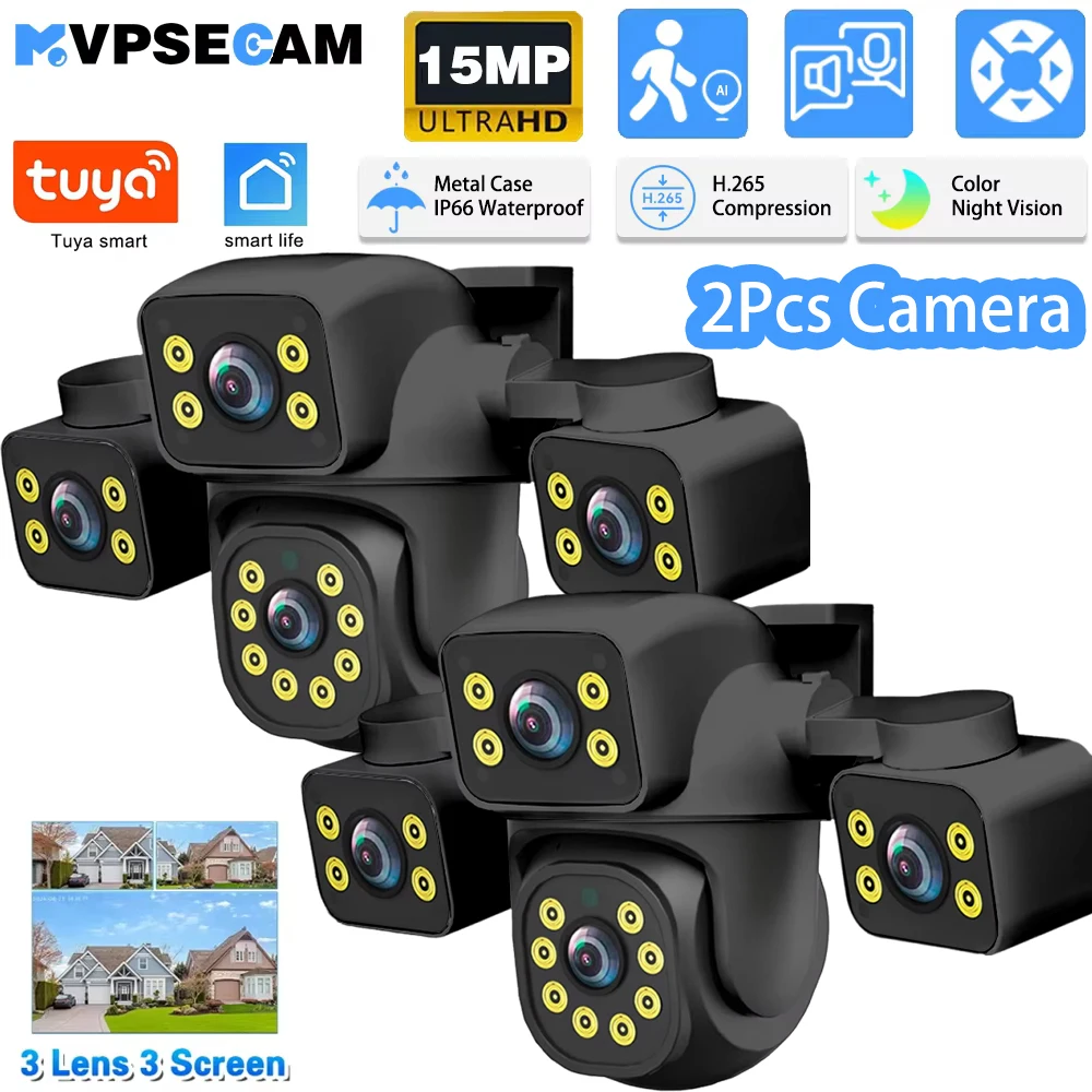 Telecamera IP WiFi a tre schermi da 15MP Telecamera IP wireless esterna a tre obiettivi PTZ Audio bidirezionale Telecamera di sorveglianza con tracciamento automatico umano APP Tuya
