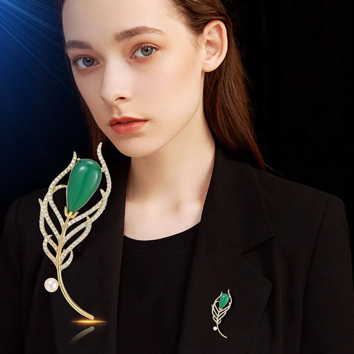 Chinese Style Retro Elegant Green Natural Chalcedony High-End Brooch High-End Pearl Luxury Feather Corsage Cheongsam Accessories