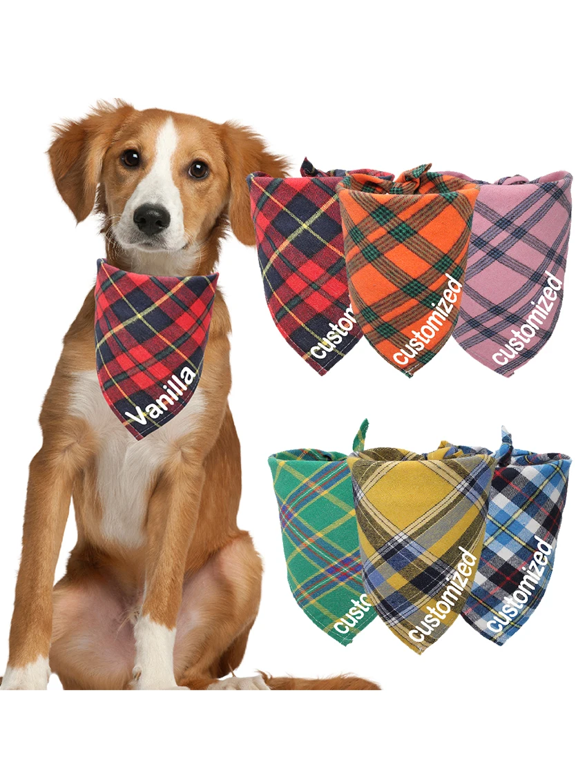 Custom Plaid Dog Scarf Bandana Personalized Name Dog Pet Bib Collar Lovely Gift For Small Medium Large Dog Neckerchief