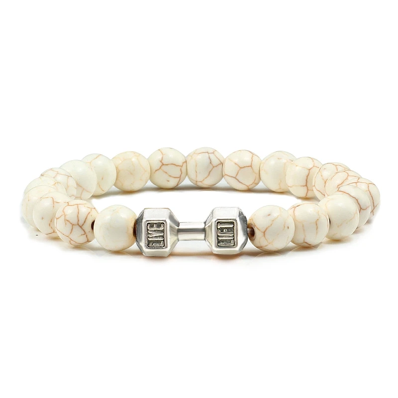 Natürliche Vulkanstein Armband Männer Matte Schwarz Lave Weiße Perlen Charme Hantel Strang Armbänder Frauen Barbell Fitness Schmuck