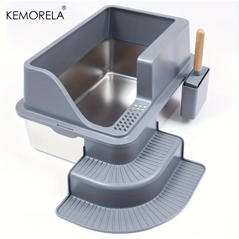 Extra Large 20L Stainless Steel Cat Litter Box With Stair Foot Pad Splash-Proof Easy To Clean Odorless Toilet Cat Litter Box