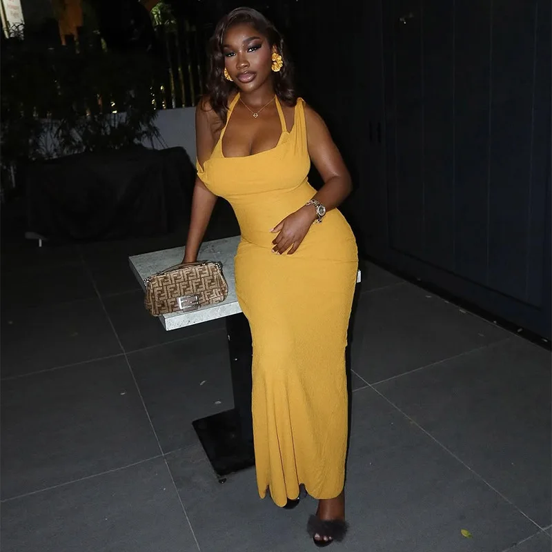 

Women's Fashion 2025 Summer New Sexy Sleeveless Halter Neck Bodycon Dress African 2025 Summer Dress Robe Vestido Women Elegant