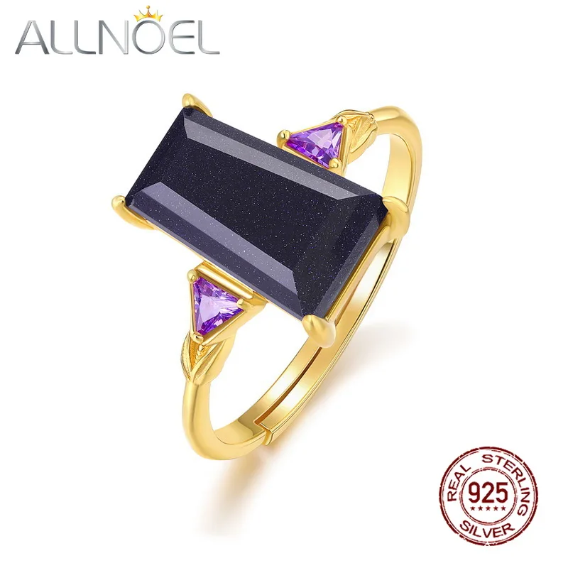ALLNOEL Natural Gemstone Blue Sandstone Finger Ring Simple Geometric Irregular 925 Sterling Silver Fine Jewelry Party Gifts