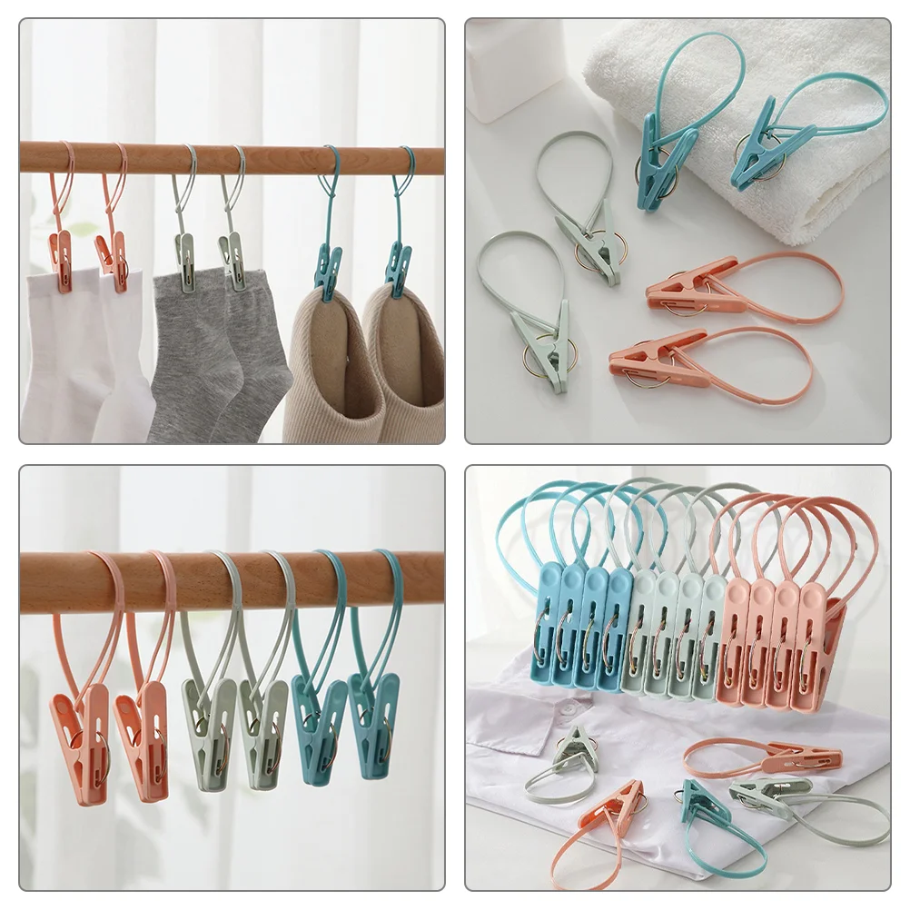 12Pcs Windproof Clothespins Anti Slip Drying Clips With Rope Household Quilt Clips Multipurpose Laundry Pegs Blanket Clamps