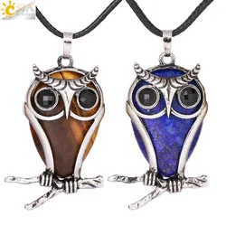 CSJA Cute Animal Owl Necklace Pendant Natural Stone Water Drop Tiger Eye Crystal Necklaces for Men Women Vintage Jewelry H037