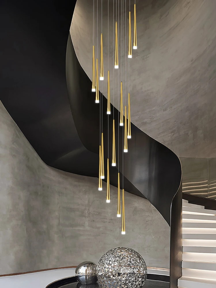 Modern Tapered Tube Chandelier Minimalist Lighting Fixture Golden Black Long Strip Pendant Lamps Nordic Staircase LED Chandelier