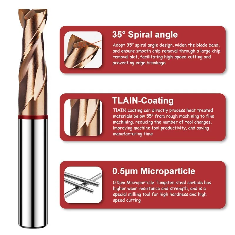 AZZKOR-Tungsten Aço Carboneto Fresa, 2F Cor-Anel Revestimento, CNC Mecânica Fundo Plano Endmills Ferramentas, TGR-HRC55