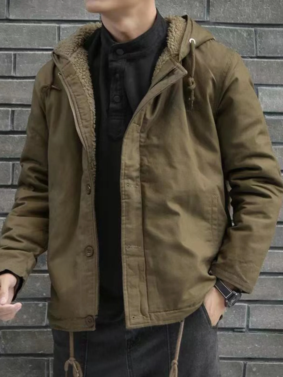 

2024 Winter New Men's Hooded Lamb Velvet Cotton Jaet Warm Faionable Korean Sle Versatile Casual Youth ular Stand Fit