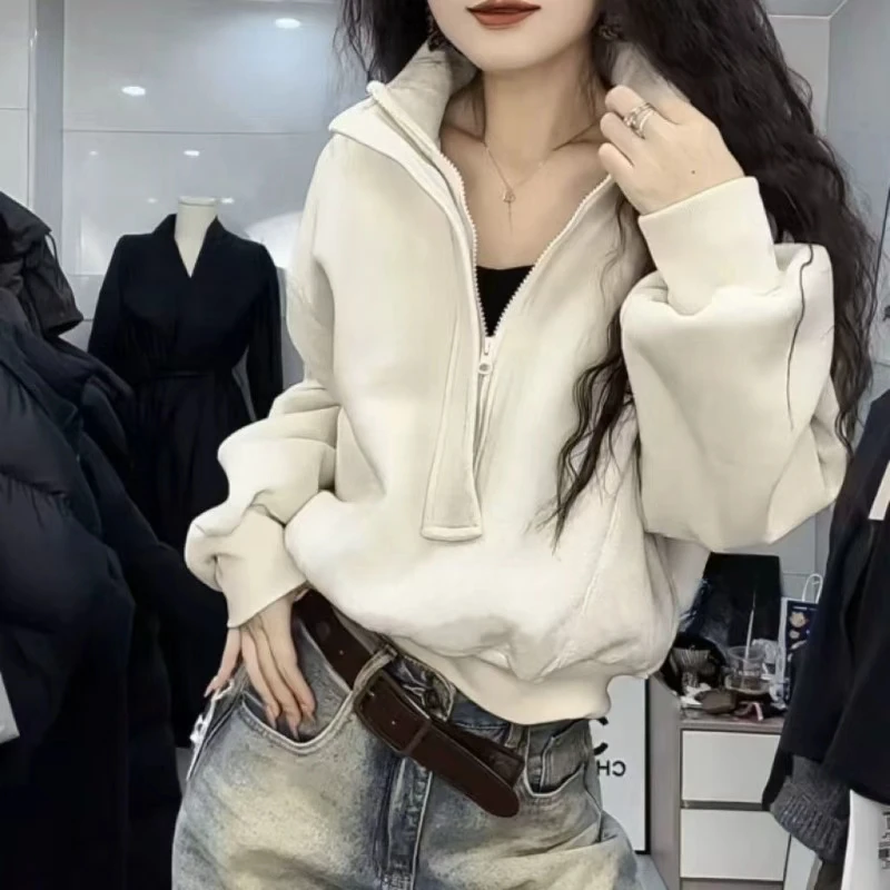 Suéter versátil de terciopelo de estilo extranjero de alta calidad con cremallera, cuello levantado americano, Top corto grueso holgado que cubre carne