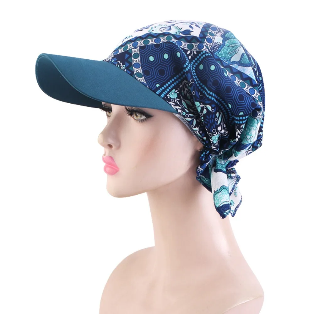 Breathable Headscarf with Brim Lace-up Style Ethnic Prints Triangular Scarf Hat Lightweight Headscarf Sun Hat Summer Outdoor