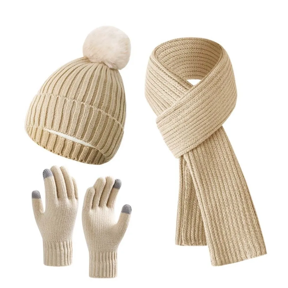 Versatile Elastic Scarf and Hat Set Warmer Mittens Touch Screen Cold Proof Gloves Stripe Soft Pullover Cap Women