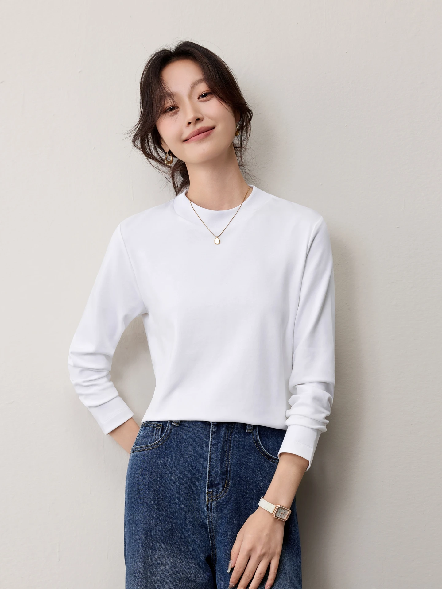 

Autumn Winter New Sle Women's Long Sve Pure Cotton T-irt Stand Collar Loose Slim Fit round Ne Base irt Casual Wear